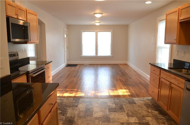 kitchen featuring stainless steel appliances, dark wood-style floors, baseboards, and a sink