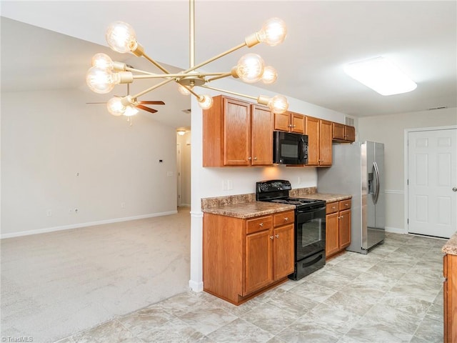 kitchen with light carpet, black appliances, ceiling fan, and lofted ceiling