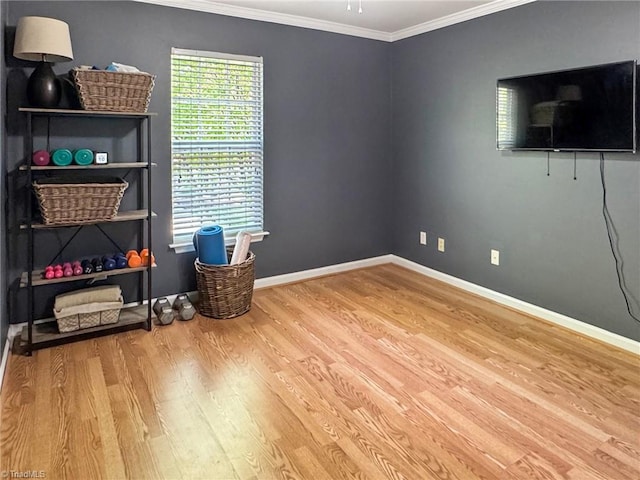interior space featuring wood finished floors, baseboards, and ornamental molding