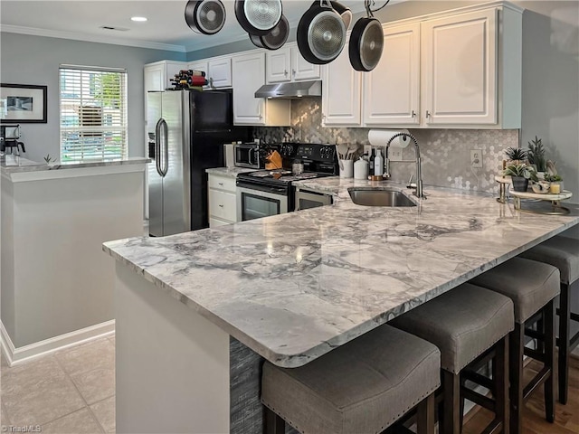 kitchen featuring a sink, appliances with stainless steel finishes, a peninsula, under cabinet range hood, and light stone counters