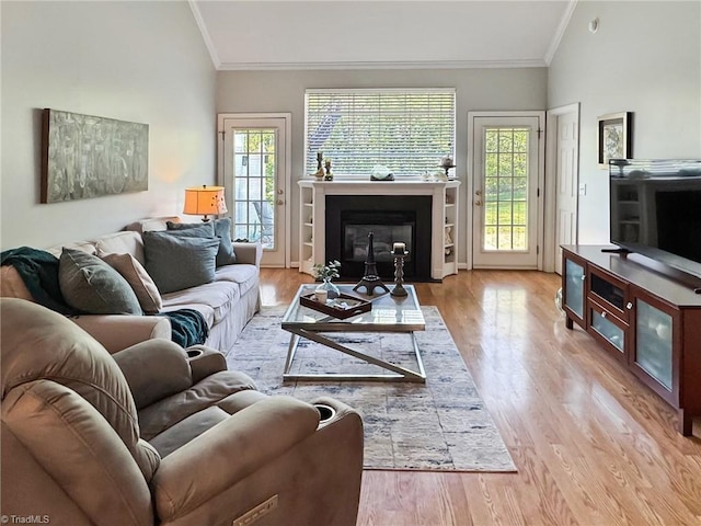 living area featuring a fireplace with flush hearth, crown molding, wood finished floors, and a wealth of natural light