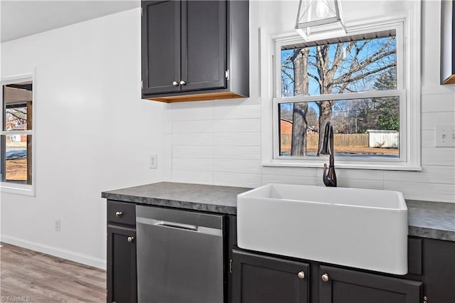 kitchen with stainless steel dishwasher, light hardwood / wood-style floors, and sink