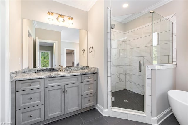 bathroom featuring ornamental molding, vanity, shower with separate bathtub, and tile patterned flooring