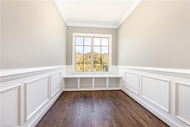 interior space with crown molding and dark wood-type flooring