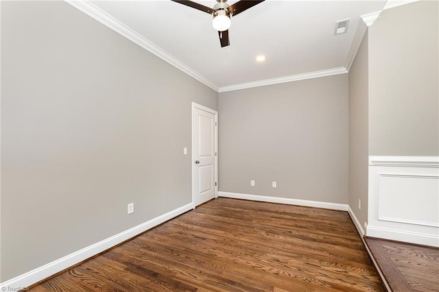 unfurnished room featuring crown molding, dark hardwood / wood-style floors, and ceiling fan