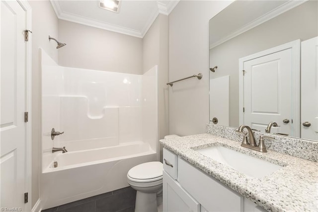 full bathroom with crown molding, shower / tub combination, tile patterned flooring, vanity, and toilet