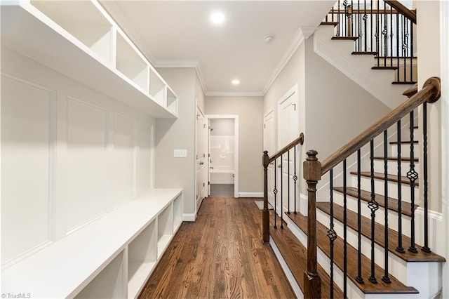 mudroom with dark wood-type flooring and crown molding