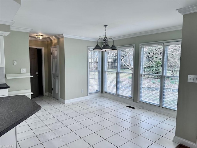 unfurnished dining area with visible vents, ornamental molding, light tile patterned floors, baseboards, and a chandelier