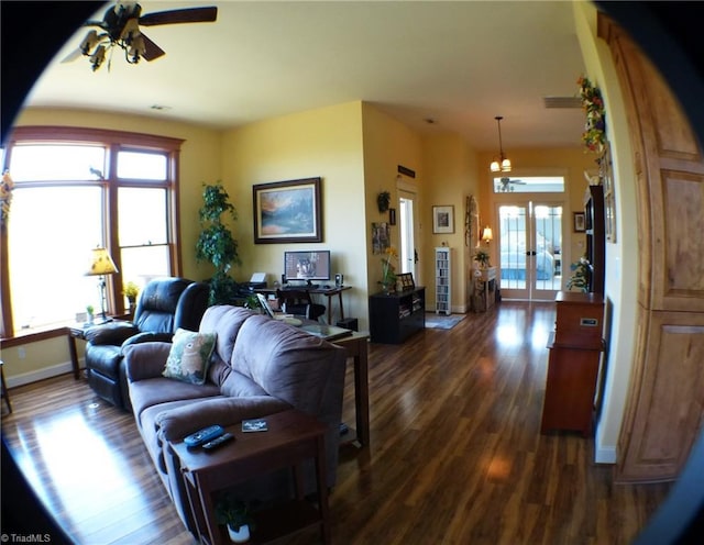 1564 Thore Rd, Pinnacle, NC 27043 - living area with dark wood-style flooring, ceiling fan, baseboards, and french doors