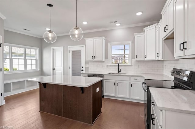 kitchen with white cabinetry, a kitchen island, sink, and stainless steel range with electric cooktop