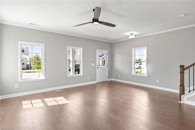 unfurnished living room with crown molding, dark hardwood / wood-style floors, and ceiling fan