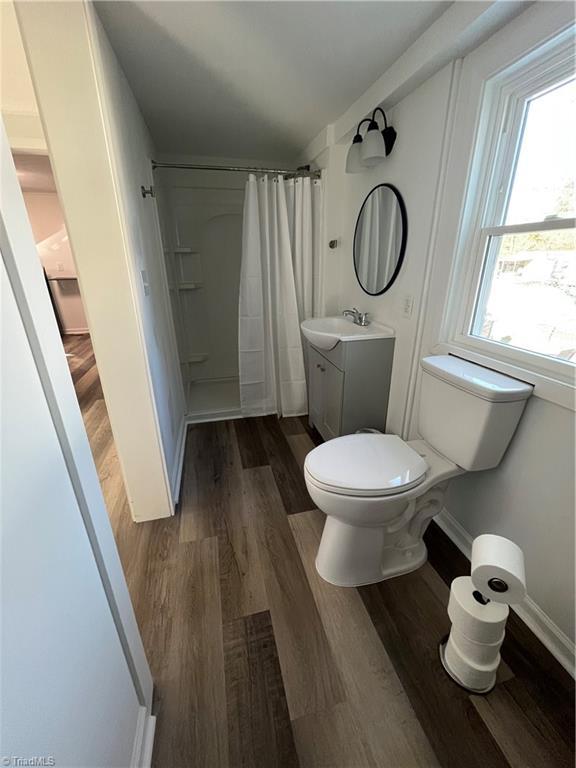 bathroom featuring walk in shower, vanity, wood-type flooring, and toilet