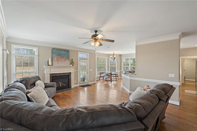 living room with wood finished floors, baseboards, a fireplace, crown molding, and ceiling fan with notable chandelier