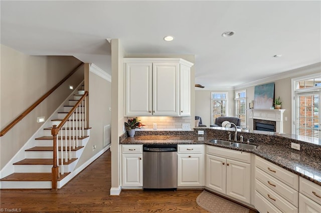 kitchen with dark wood-style flooring, a sink, stainless steel dishwasher, crown molding, and backsplash