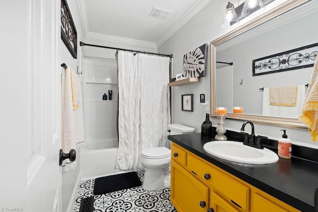 full bathroom with tile patterned floors, vanity, shower / bath combination with curtain, toilet, and crown molding