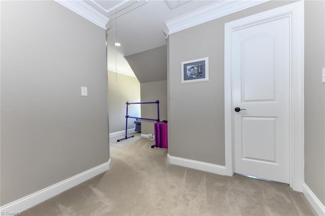 bonus room with baseboards, carpet, and attic access