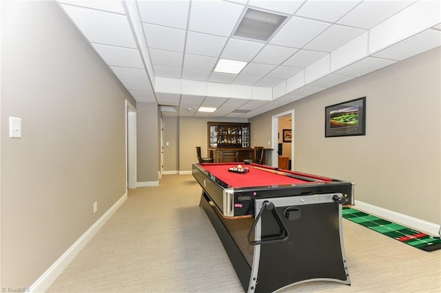 recreation room with carpet flooring, baseboards, billiards, and a bar
