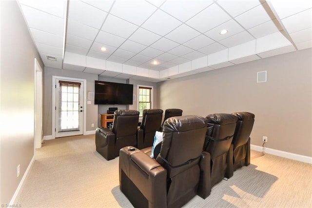 home theater with recessed lighting, baseboards, visible vents, and light carpet