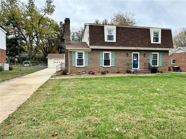 view of front of home with central air condition unit and a front lawn