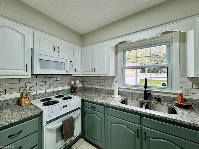 kitchen with decorative backsplash, white cabinetry, sink, and white appliances