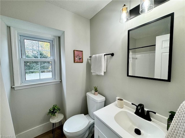 bathroom with vanity, a textured ceiling, and toilet