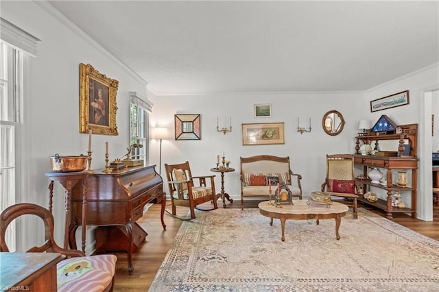 living room with ornamental molding and wood finished floors