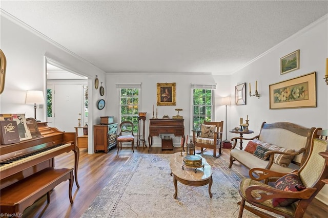 living area featuring healthy amount of natural light, a textured ceiling, wood finished floors, and crown molding