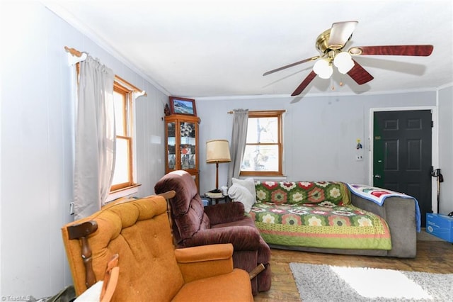 living room with a wealth of natural light, ornamental molding, and ceiling fan