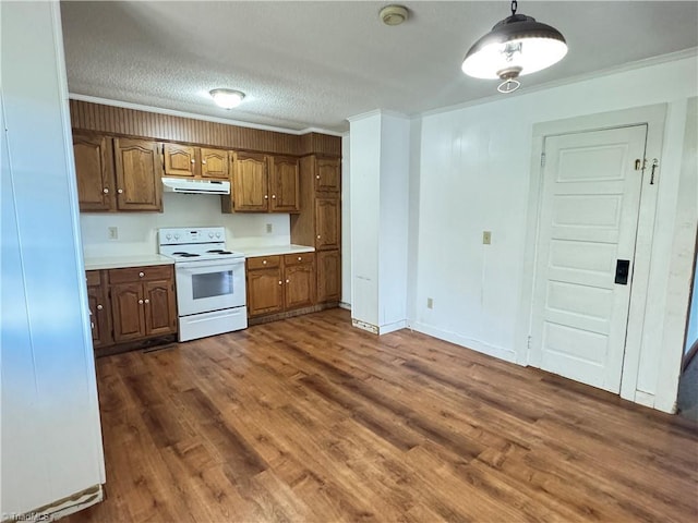 2121/2117 Swan Creek Rd, Jonesville, NC 28642 - kitchen with dark wood-style flooring, ornamental molding, white electric stove, and exhaust hood