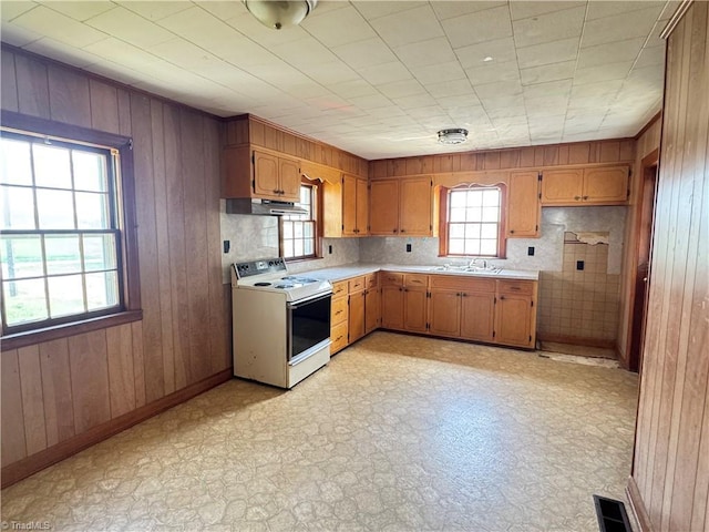 2121/2117 Swan Creek Rd, Jonesville, NC 28642 - kitchen with white electric range, wood walls, light countertops, and under cabinet range hood