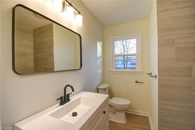 bathroom with wood-type flooring, vanity, and toilet