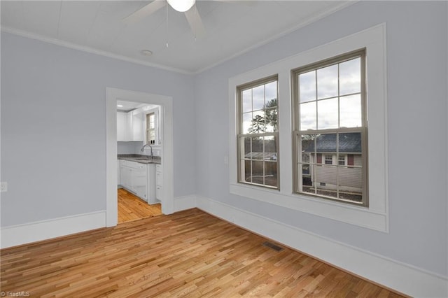 unfurnished room featuring ceiling fan, light wood-type flooring, sink, and ornamental molding