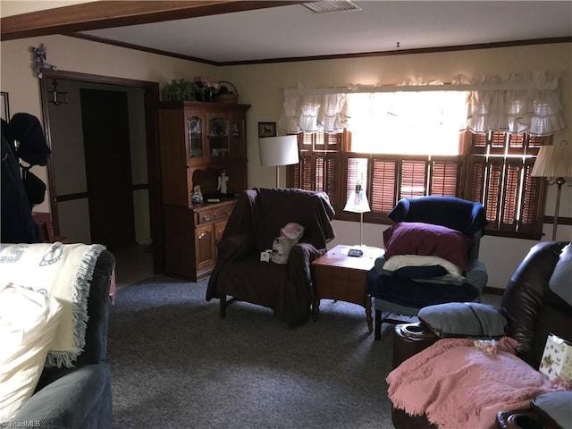 living room featuring carpet and ornamental molding