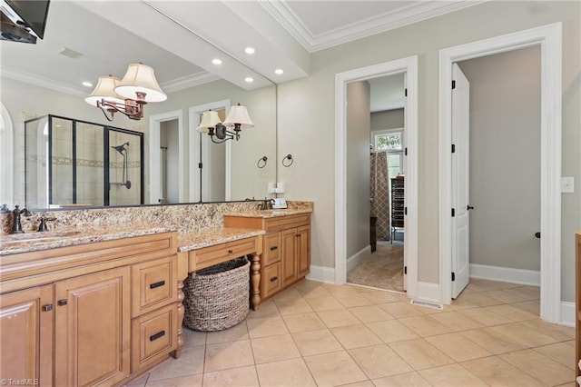 6204 Calendula Ct, Summerfield, NC 27358 - full bathroom with ornamental molding, a shower stall, recessed lighting, double vanity, and tile patterned floors