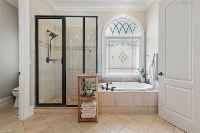6204 Calendula Ct, Summerfield, NC 27358 - full bath with a shower stall, a bath, ornamental molding, toilet, and tile patterned flooring