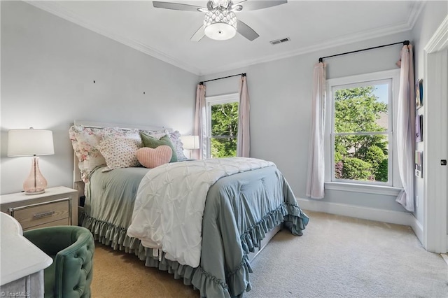 6204 Calendula Ct, Summerfield, NC 27358 - bedroom featuring light colored carpet, baseboards, ornamental molding, and ceiling fan