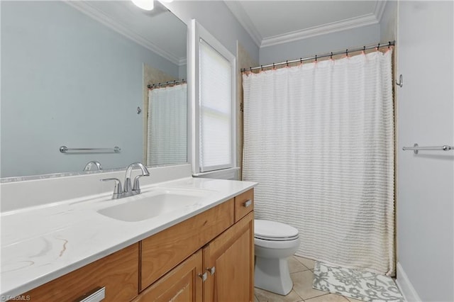 6204 Calendula Ct, Summerfield, NC 27358 - bathroom featuring tile patterned flooring, crown molding, toilet, vanity, and a shower with curtain