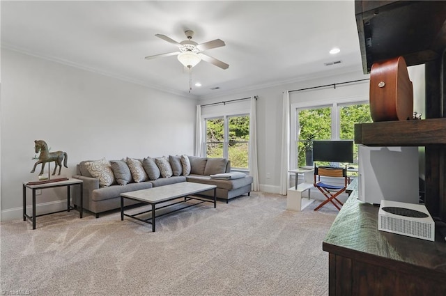 6204 Calendula Ct, Summerfield, NC 27358 - living room with baseboards, ornamental molding, a ceiling fan, light colored carpet, and recessed lighting