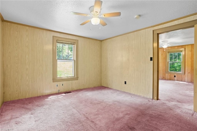 carpeted empty room featuring a textured ceiling, ceiling fan, a healthy amount of sunlight, and wood walls