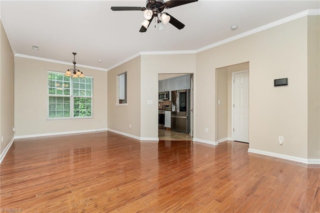2305 Hartfield Cir, Winston-Salem, NC 27103 - unfurnished room with a chandelier, light wood-style floors, crown molding, baseboards, and a ceiling fan