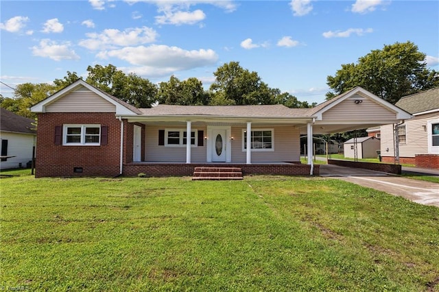 ranch-style home featuring a porch, a carport, and a front lawn