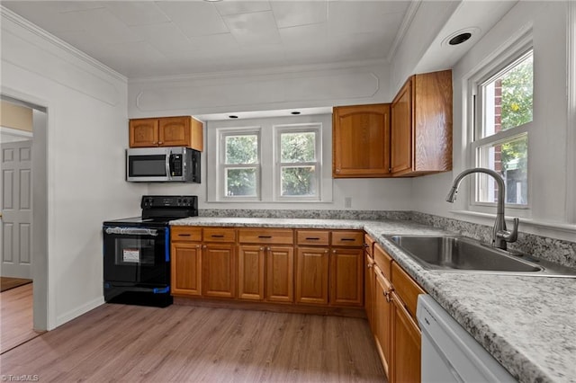 kitchen with a wealth of natural light, sink, electric range, and light hardwood / wood-style floors