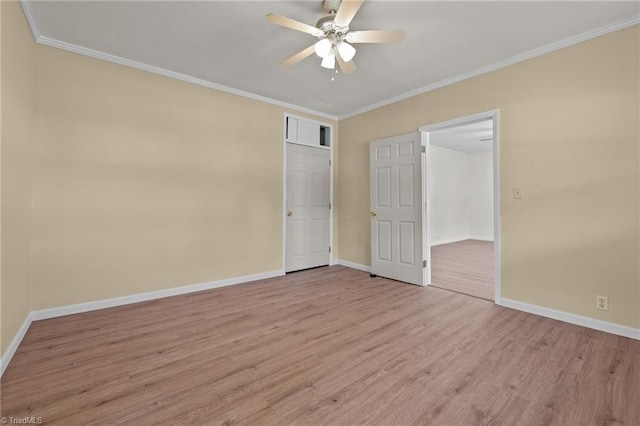 unfurnished bedroom with ornamental molding, ceiling fan, and light hardwood / wood-style floors