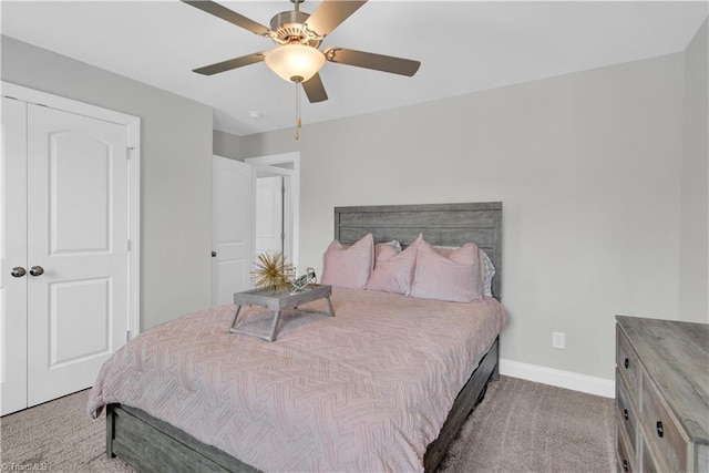 carpeted bedroom featuring ceiling fan and a closet