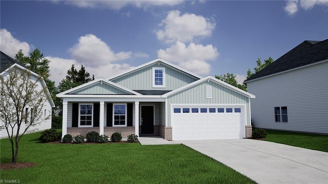 view of front of house featuring driveway, brick siding, an attached garage, and a front yard