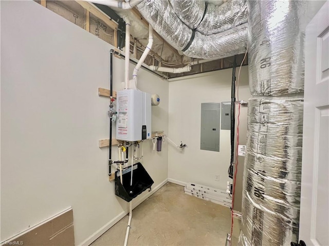 utility room with tankless water heater and electric panel