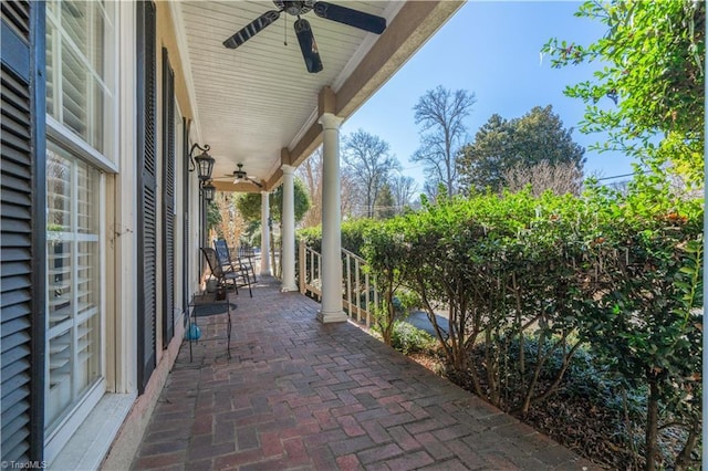 view of patio / terrace featuring a porch and ceiling fan