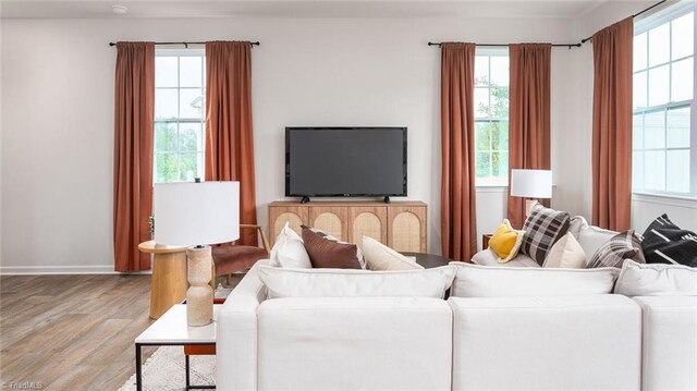 living room with plenty of natural light and hardwood / wood-style flooring