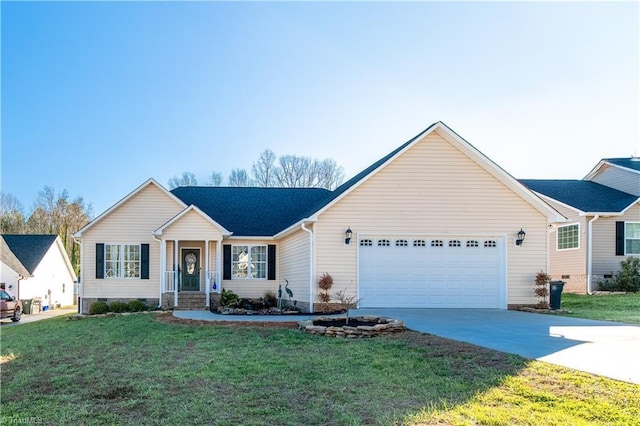 single story home featuring a front yard and a garage