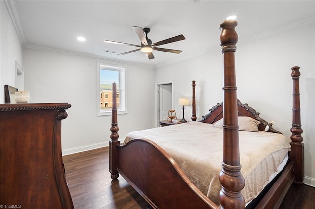 bedroom with crown molding, ceiling fan, and dark hardwood / wood-style floors